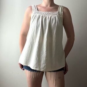 Textured white cotton flowy sleeveless crochet trim hippie peasant top